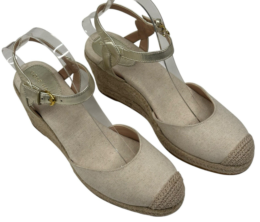 Cole Haan Cloudfeel Espadrille Wedge Natural Linen/Gold Leather Size 9.5B New
